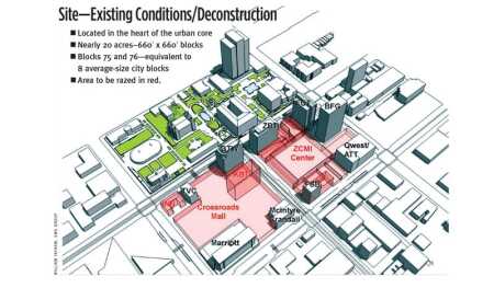The developers subtracted two aging and poorly performing shopping centers, ZCMI and Crossroads Mall, imploded the Key Bank office building, and uncovered a natural creek that flowed through the site. (William Tatham, SWA Group)