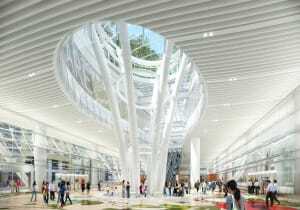 A light column pierces the Grand Hall, the main lobby of the transit center. (Pelli Clarke Pelli Architects)