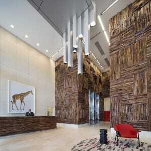 Completed in 2014, the 11-story 18 Park in Jersey City, New Jersey, was designed by Minno & Wasko Architects and includes 422 units and 28,800 square feet (2,700 sq m) of retail space. The structure has received LEED–NC Silver certification. (Moran Studio)