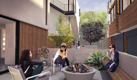 Though the site plan uses the same basic footprint for each of the three buildings, the orientation of the six houses and their floor plans provide variation to take advantage of exposure to the sun, privacy, and views. Each has an outdoor space at grade that differs in design from the others. (RCH Studios)