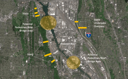 The panel has identified potential locations for bridges, walkways, and other paths. The specific locations are subject to a more comprehensive study and survey of the area. For example, locations of the pedestrian bridges focus on increasing connectivity between Herring’s House Park and the Federal Center site. Any additional pedestrian bridge must accommodate river traffic on the Duwamish. 