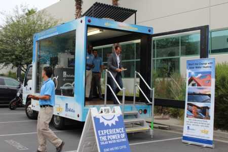 Southern California Gas Company’s visited the 2015 NZEB-C2: Net Zero Energy Building Conference in Los Angeles to demonstrate solar hot water technology, by treating conference goers to coffee brewed with gas solar power. (Patricia Kirk/ULI)