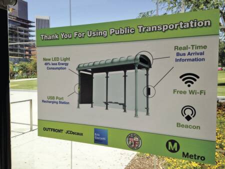Los Angeles’s smart bus shelters are designed by outdoor advertising firms Outfront Media and JCDecaux, which have a contract with the city and intend to generate revenue from ads on the shelters. Besides wi-fi and a charging station, the shelters provide real-time bus information. (JCDecaux)