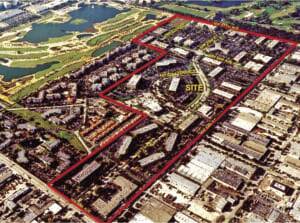 A view of Downtown Doral looking to the southwest. Codina Partners and Lennar agreed to acquire and develop the 130-acre (50 ha) Doral Great White Golf Course (top left) in 2016, bringing Downtown Doral to 250 acres (100 ha). (CR-Codina Partners)