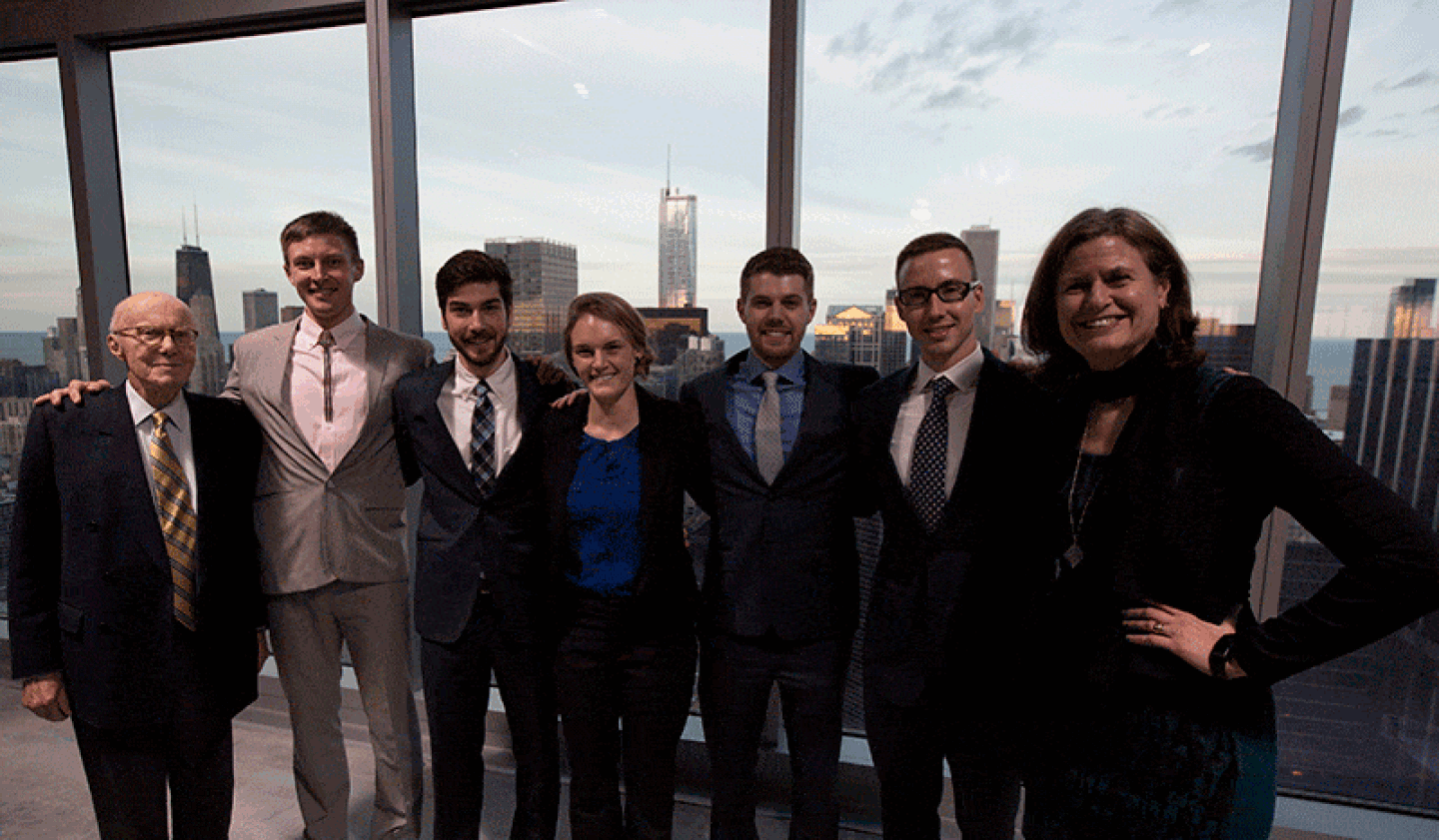 (Left to right) Gerald D. Hines, founder and chairman of Hines, and the winning team from the University of Texas at Austin, Miles Payton, Luke Kvasnicka, Kirsten Lynn Stray-Gubdersen, Christopher Perkes, Mason Rathe, along with jury chairman Teri Frankiewicz, Vice President at Crown Community Development, during the Hines student competition in downtown Chicago, Ill.,
