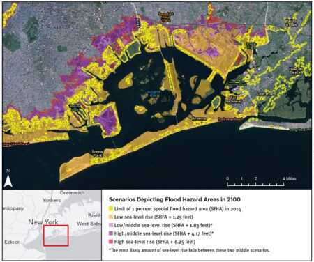The map, from the U.S. Global Change Research Program, depicts flood hazard areas in 2100 based on regional scenarios of sea-level rise developed by the New York Panel on Climate Change. It was created using the Sea Level Rise Tool for Sandy Recovery (www.globalchange.gov/browse/sea-level-rise-tool-sandy-recovery). Additional mapping tools examining American coastal regions are available from Digital Coast (www.csc.noaa.gov/digitalcoast/), a project of NOAA’s Coastal Services Center. ULI is a member of the Digital Coast Partnership.
