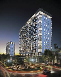 The site plan places six high-rise residential towers along the north–south street Paseo Doral so as to preserve views and preclude shadows. The first two 20-story towers, 5252 Paseo and 5300 Paseo, are in final development. (CR-Codina Partners)