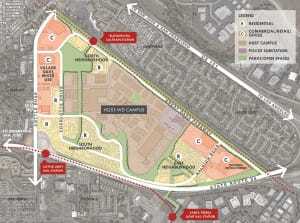 The Cottle Transit Village master plan by San Francisco–based Ken Kay Associates “rightsized” HGST’s campus to half the acreage; wrapped it in a green apron of open space, parks, and trails; and created a walkable/bikable village with three residential neighborhoods and two commercial centers linked to three transit stations. (Ken Kay Associates)