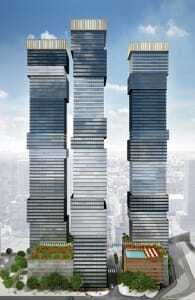 Mack-Cali and Ironstate Development Company are building URL Harborside (Urban Ready Living) on the Jersey City waterfront. The venture will be in two phases—a single residential tower now under construction (URL Harborside 1) and two additional towers across the street in a second phase. The structures will be connected by an elevated footbridge. When completed, URL Harborside will contain about 2,358 apartments. (Mack-Cali realty corporation)