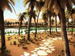 London-based Baharash Architecture designed this solar panel–topped ecoresort, which will be built around a manmade oasis in the Liwa area of the United Arab Emirates. Completion is scheduled for 2020. (Baharash Architecture)