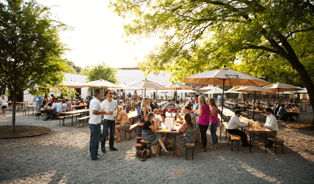 The outdoor beer garden at Olde Mecklenburg Brewery in Charlotte, N.C.