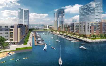 Brooklyn Basin will provide 3,100 waterfront residences near the Clinton Basin Marina. (©Signature Development)