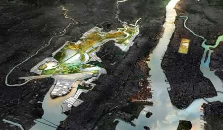 A consortium of Dutch architects and professors from the Massachusetts Institute of Technology developed a plan to manage stormwater and promote development in the Meadowlands basin in New Jersey by combining parkland and marshes with a network of berms that also would provide public open spaces, streets, and room for a rapid-transit bus line. (rebuilding by design)