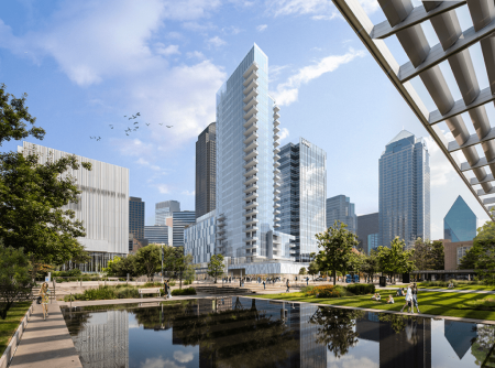The downtown Dallas Arts District features lawns and a reflecting pool that provide a gathering place for families and arts patrons. The 68-acre (28 ha) Arts District delivers a catalyst for growth in the central business district, where residential and office towers are under construction.