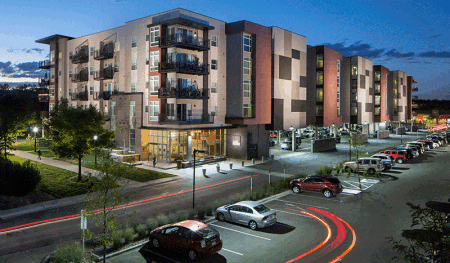 The Colorado town of Arvada the city discounted the land, created a tax increment financing district, waived development fees, and rebated use tax for the 153-unit Park Place Olde Town, now open and 100 percent leased. (Matrix Design Group)