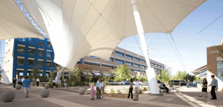 An iconic 125-foot-tall (38 m) shade sail at SkySong, the Arizona State University Innovation Center,