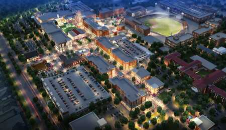 ©Hughes Development Corporation. Greenville-based Hughes Development Corporation is revitalizing the centuries-old former South Carolina Department of Mental Health campus in downtown Columbia. Beau Welling Design was a member of the planning team for the new mixed-use development, BullStreet, which will provide an extension of the Columbia downtown grid, incorporating vibrant streets, public plazas, a 20-acre (8 ha) urban park, and an 8,500-seat, $37 million minor league baseball stadium.