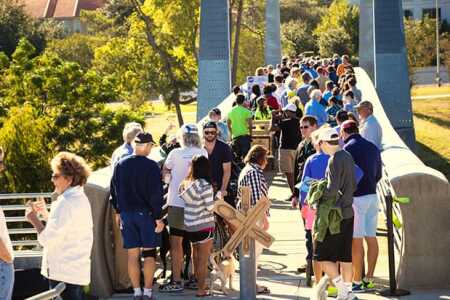 Residents have flocked to events showing off new bayou park features, such as the opening of pedestrian bridges at Buffalo Bayou Park in 2013. (Buffalo Bayou Partnership/Katya Horner)