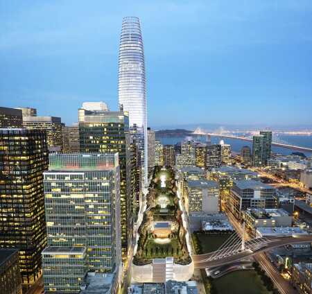 A rendering of the Transbay Transit Center and Salesforce Tower, now under construction. (Pelli Clarke Pelli Architects)