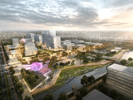 The park uses outdoor and indoor space in an original way, blending open indoor public space and outdoor space on multiple levels. The designer says it has “deliberately blurred” the distinction between public and private space. Pedestrian routes—often wide spaces—link the park and break up the blocks of development. (Sasaki Associates)