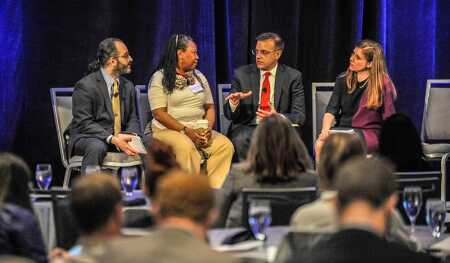 From left to right: Ethan Handelman, vice president for policy and advocacy at the National Housing Conference; Chrystal Kornegay, undersecretary of the Massachusetts Dept. of Housing and Community Development; Mark Linton, president of Linton Strategies and former executive director of the White House Council on Strong Cities, Strong Communities; and Alexandra Notay, policy director of ULI UK, speaking at the ULI Housing Opportunity Conference in Boston.