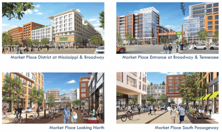 An approved plan for redeveloping the former Gates Rubber Co. property, one of the largest transit-oriented development infill sites in the Denver market. The plan includes four subareas—the station, market-place mixed-use, residential, and parkland—with connections across the rail corridor and the South Platte River and into surrounding neighborhoods. (Matrix Design Group)