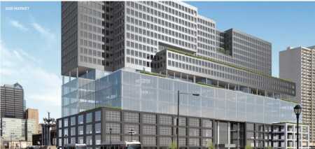 Lubert-Adler Partners and PMC Property Group are redeveloping Philadelphia’s former Marketplace Design Center into a block-wide, 22-story office and residential tower with 450,000 square feet (42,000 sq m) of office space and 350 multifamily units. (Gensler/Varenhorst)
