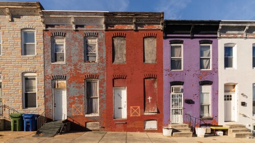 Colorful,Vacant,Row,Houses,With,Do,Not,Enter,Symbols,For