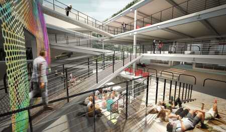 In this rendering, the possibilities of unused parking structures are reenvisioned as community space and other uses. (Gensler)