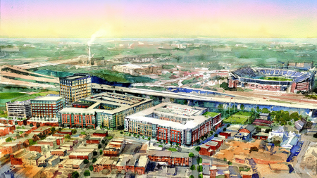 Towson, Maryland–based Caves Valley Partners, in partnership with Houston-based the Hanover Co., is constructing the $275 million Stadium Square in south Baltimore’s Sharp-Leadenhall neighborhood. The first of seven planned buildings is under construction and expected to be competed next year. (© caves valley partners)