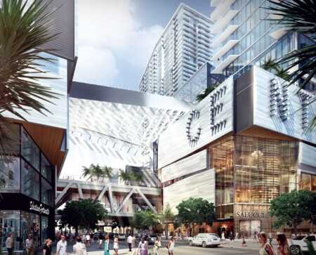 A rendering of Brickell City Centre in downtown Miami, which will offer retail, residential, hotel, office, and entertainment space. (Swire Properties Inc)