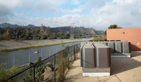 One type of microgrid technology is a fuel cell, such as this Bloom Energy Server at the six-acre (2.4 ha) DreamWorks SKG animation headquarters in Glendale, California. Fuel cells power the campus by converting fuel into electricity through an electrochemical process that is cleaner than thermal combustion. (Bloom Energy)