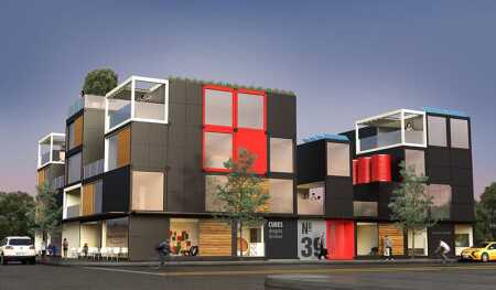 A rendering of a mixed-use project built with smart dwellings by Blokable.