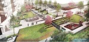 Rendering of the main plaza in Lyndale Gardens, a proposed mixed-use development in Richfield, MN.
