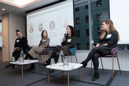 Photo caption: On stage at ULI New York Real Estate Outlook 2023 in New York City: Julie Janiski, Partner, Buro Happold; Anastasia Istratova, Principle, Climate Tech, Fifth Wall; Lauren Brust Moss, Senior Vice President – Chief Sustainability Officer, Vornado Realty Trust; Lauren Zullo, Managing Director, Impact, Jonathan Rose Companies.