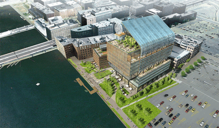 A rendering of General Electric's Boston headquarters. The site sits along Fort Point Channel, just across from South Station, a major transit hub. (Gensler)