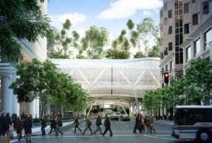 The Transbay Transit Center crosses over First Street. (Pelli Clarke Pelli Architects)