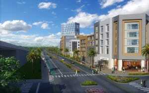 The view north on Oakland’s Embarcadero, which runs alongside the site of Brooklyn Basin’s destination retail center. (©Signature Development)