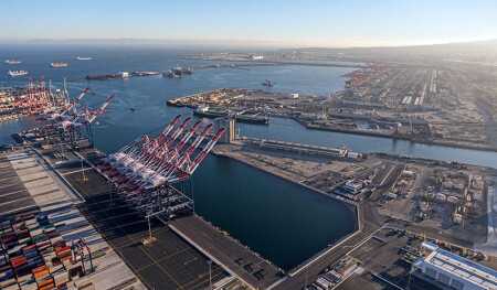 An aerial view of the Long Beach and Los Angeles ports in Southern California. (Getty)